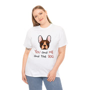 a woman wearing a white shirt with a dog on it