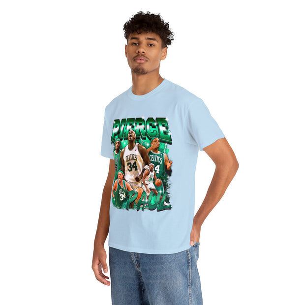 a man wearing a t - shirt with a picture of a basketball player on it