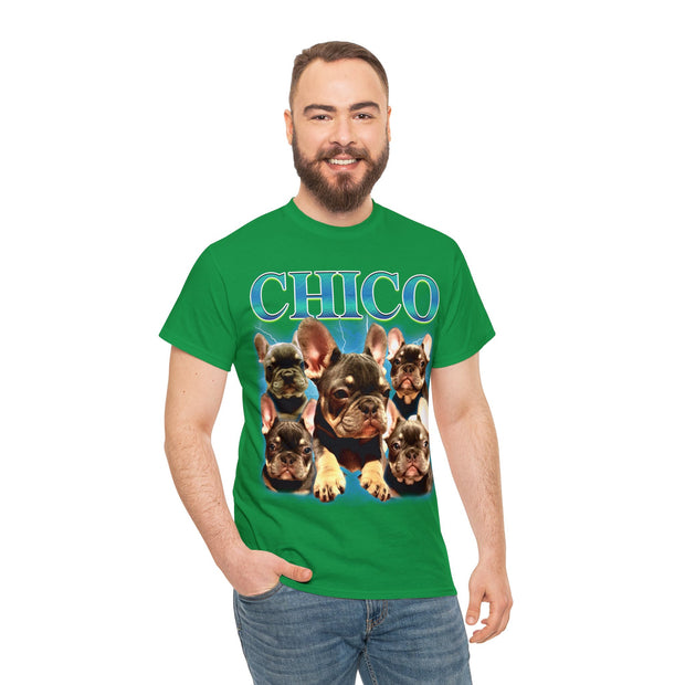 a man wearing a green chicago t - shirt with dogs on it