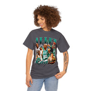 a woman wearing a t - shirt with a picture of a basketball player