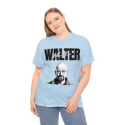 a woman wearing a blue walter t - shirt