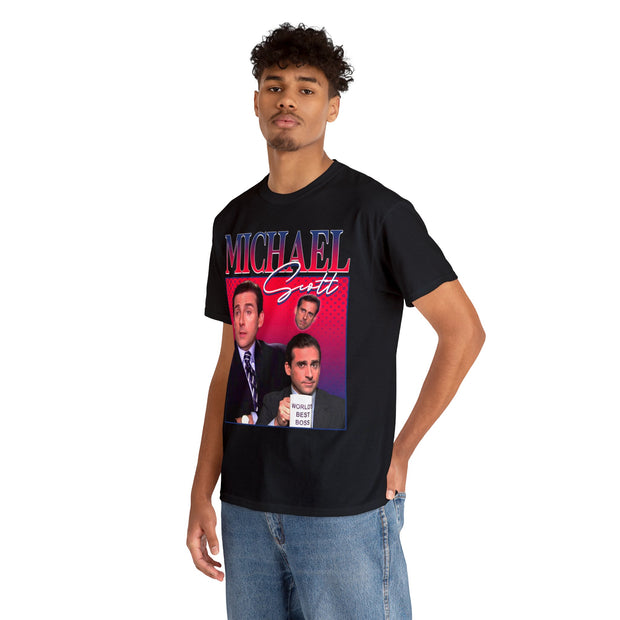 a man wearing a black michael scott t - shirt