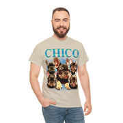 a man wearing a chicago t - shirt with dogs on it