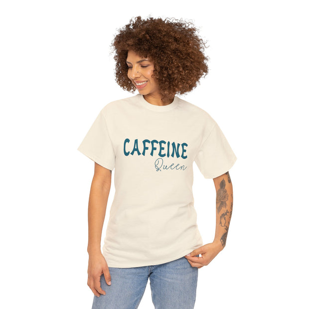 a woman wearing a white caffeine t - shirt