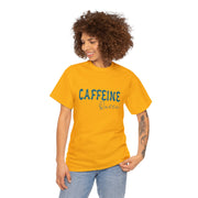 a woman wearing a yellow caffeine t - shirt