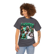 a woman wearing a t - shirt with a picture of a basketball player