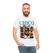 a man wearing a chicago t - shirt with dogs on it