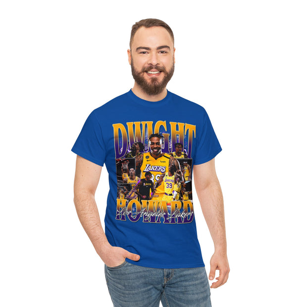 a man wearing a blue t - shirt with a picture of a basketball player