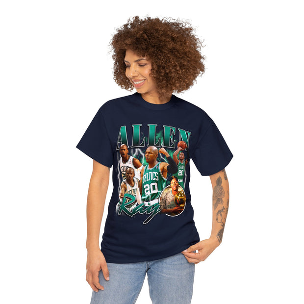 a woman wearing a t - shirt with a photo of the boston basketball team