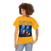 a woman wearing a yellow t - shirt with a picture of two people on it