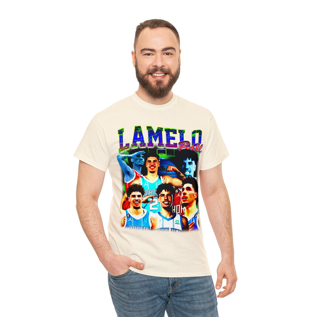 a man with a beard wearing a t - shirt with a picture of basketball players