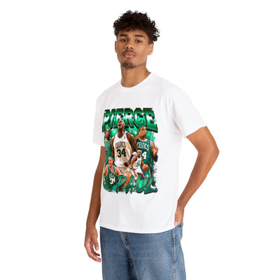 a man wearing a t - shirt with a picture of a basketball player on it