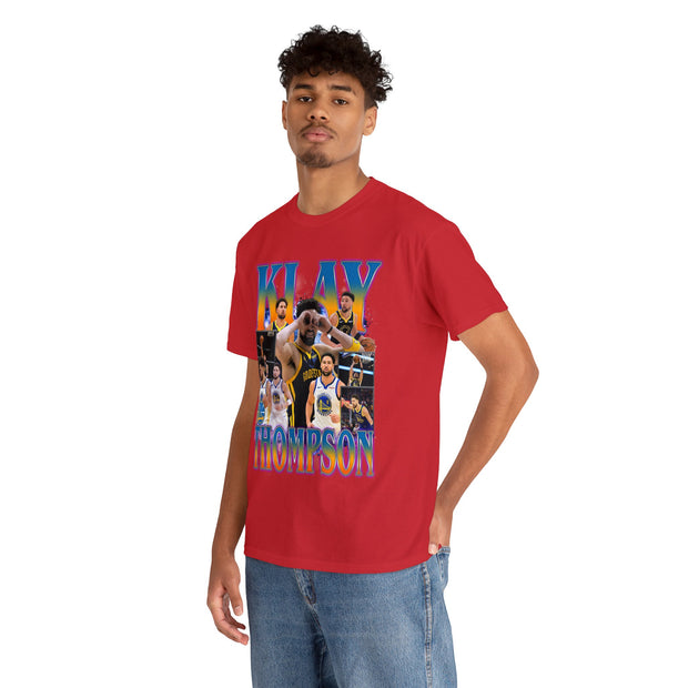 a man wearing a red shirt with a picture of a basketball player on it