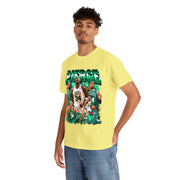 a man wearing a yellow shirt with a picture of a basketball player on it