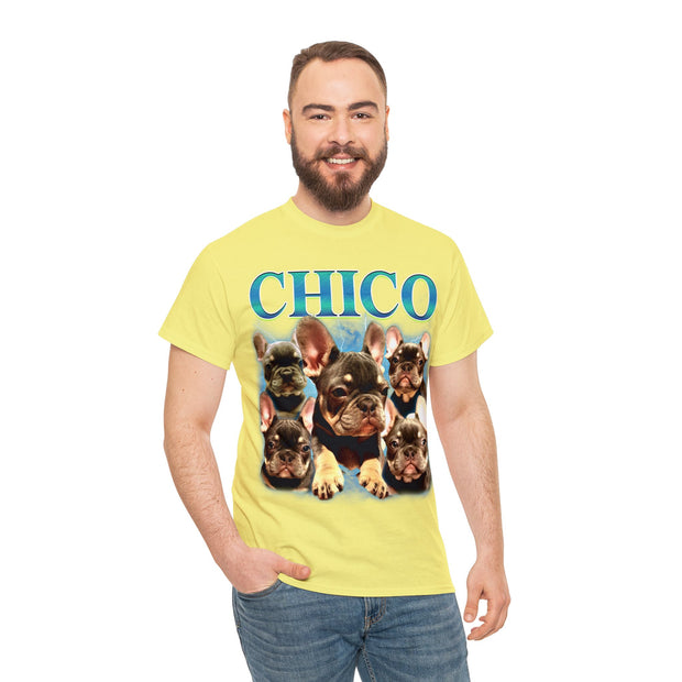 a man wearing a yellow shirt with dogs on it