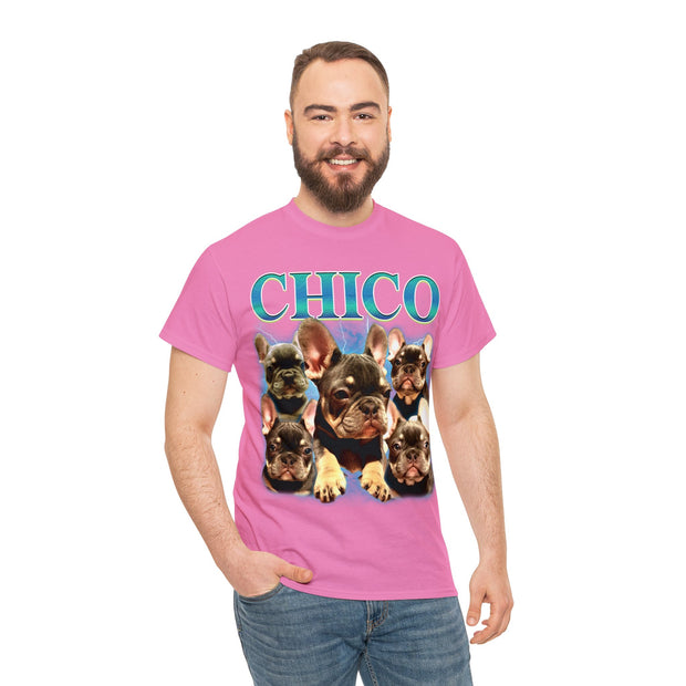 a man wearing a pink shirt with dogs on it