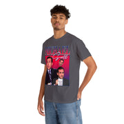 a man wearing a t - shirt with a picture of two men on it