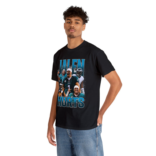 a man wearing a t - shirt with a picture of a football team on it