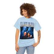 a woman wearing a blue t - shirt with a picture of two people on it