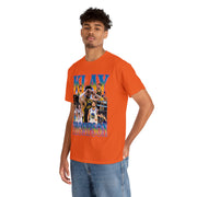 a man wearing an orange shirt with a picture of a basketball player on it