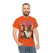 a man wearing an orange t - shirt with a picture of a group of women