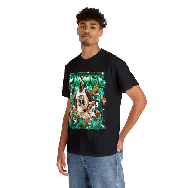 a man wearing a t - shirt with a picture of a basketball player on it