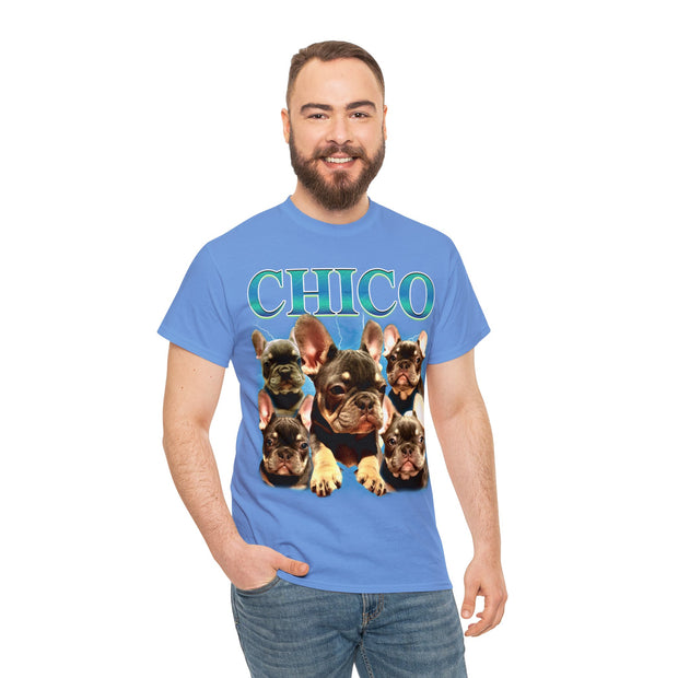 a man wearing a blue chicago t - shirt with dogs on it