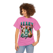 a woman wearing a pink t - shirt with a picture of a basketball player