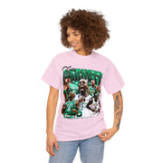 a woman wearing a pink t - shirt with a picture of a basketball player