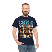 a man wearing a chicago t - shirt with dogs on it