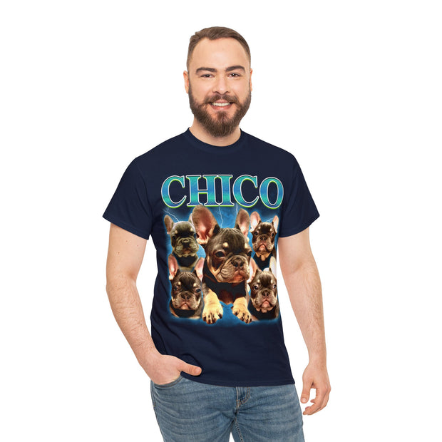 a man wearing a chicago t - shirt with dogs on it