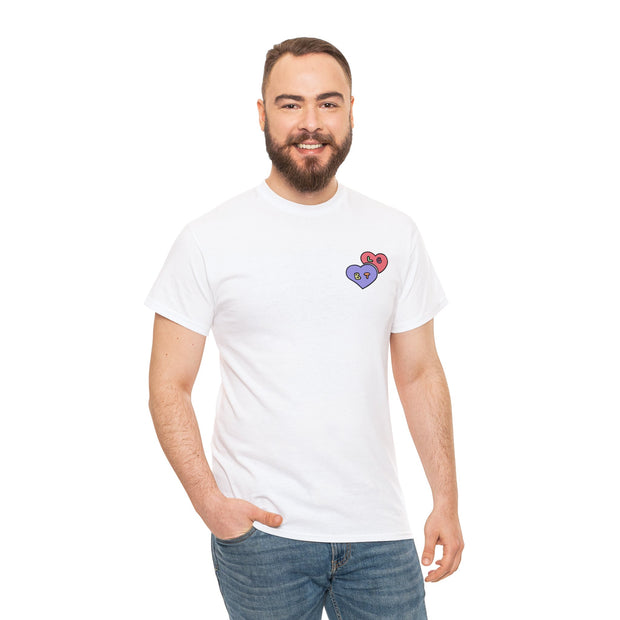 a man with a beard wearing a white t - shirt with hearts on it