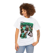 a woman wearing a white t - shirt with a picture of a basketball player