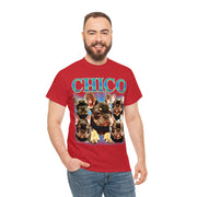 a man wearing a red chicago t - shirt with dogs on it