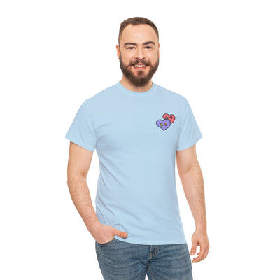 a man wearing a blue t - shirt with hearts on it