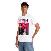 a young man wearing a michael cruz t - shirt