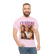 a man wearing a pink t - shirt with a group of women on it