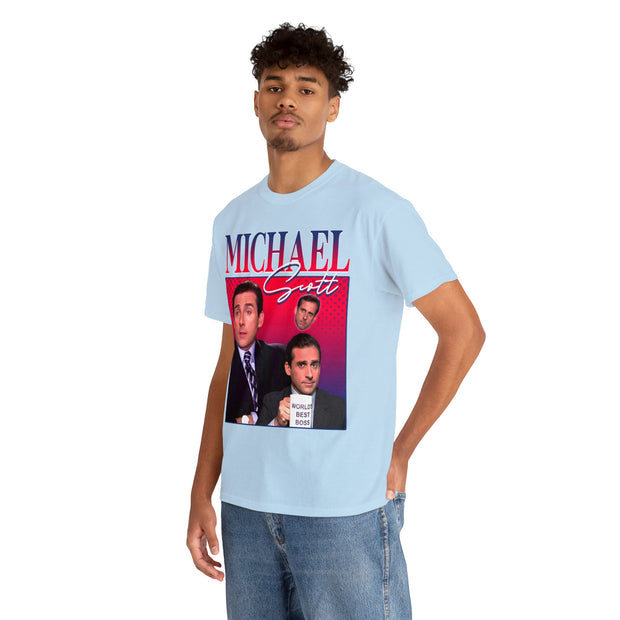 a young man wearing a michael cruz t - shirt