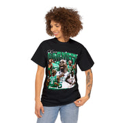 a woman wearing a t - shirt with a picture of a basketball player