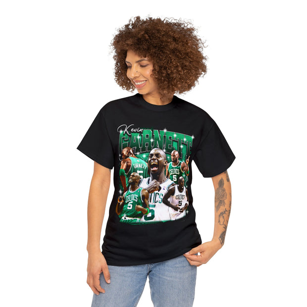 a woman wearing a t - shirt with a picture of a basketball player