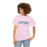 a woman wearing a pink t - shirt that says caffeine queen