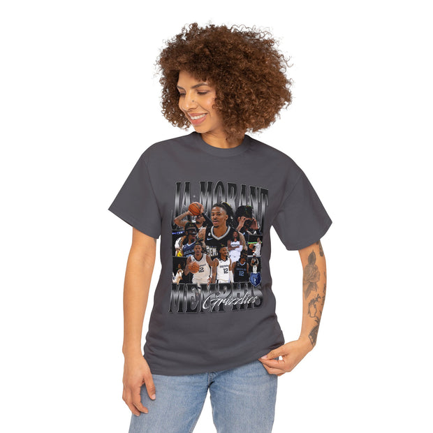 a woman wearing a t - shirt with a picture of a basketball player