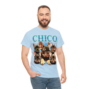 a man wearing a t - shirt with dogs on it