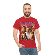 a man wearing a red t - shirt with a group of women on it