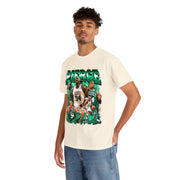 a man wearing a t - shirt with a picture of a basketball player on it