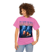 a woman wearing a pink t - shirt with a picture of two people on it