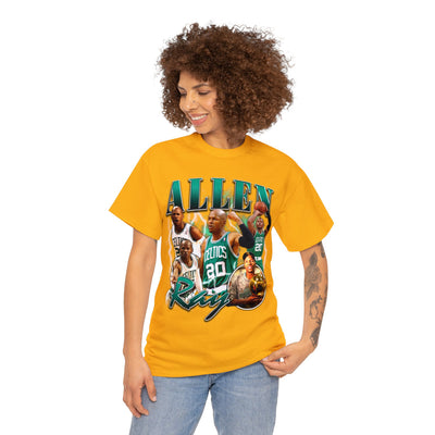 a woman wearing a yellow t - shirt with an image of a basketball player