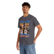 a man wearing a t - shirt with a picture of a basketball player on it