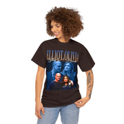 a woman wearing a black t - shirt with a picture of two women on it