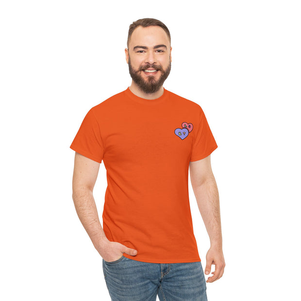 a man with a beard wearing an orange t - shirt